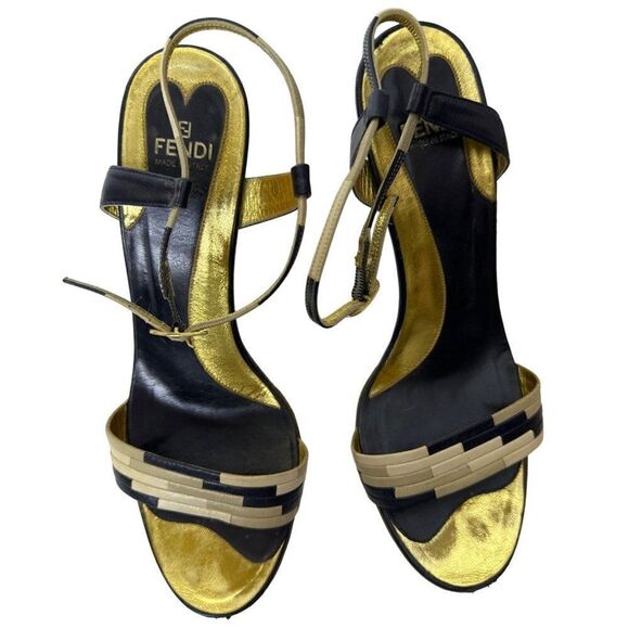 Fendi Leather Colorblock Pattern Wedge Heel Sandals Closure at Ankle - Picture 11 of 11